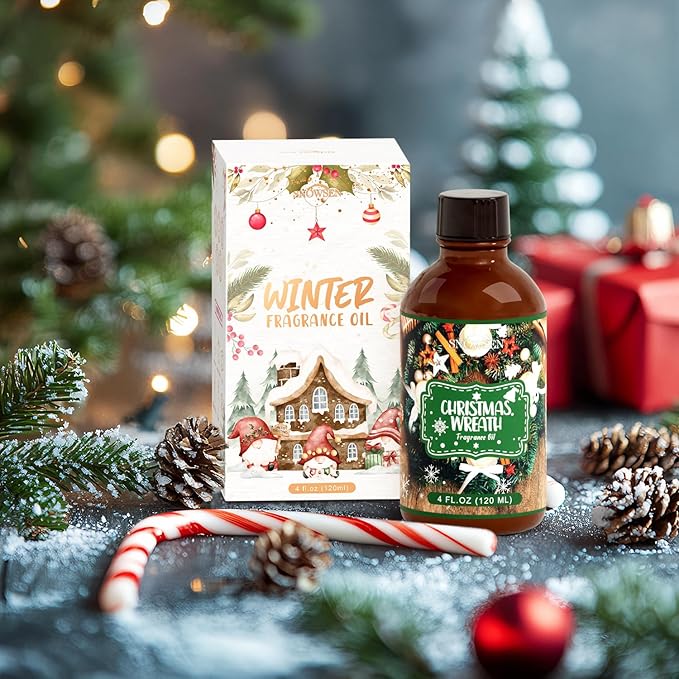 Christmas Wreath Fragrance Oil 4 Fl Oz, Undiluted Winter Essential Oil with Glass Dropper for Diffuser, Humidifier, House Cleaning,Spray,Soap Making,Candle Making,Yoga,Long Lasting Scents