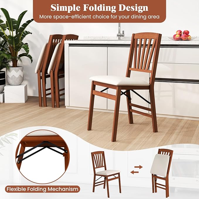 COSTWAY Folding Dining Chairs Set of 4, Upholstered Wooden Dining Room Chairs with Fabric Padded Seat, Solid Wood Frame and 400LBS Capacity for Kitchen Apartment (Beige & Brown)