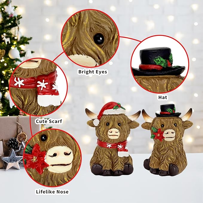 CRCZK Christmas Highland Cow Figurines Decorations for Home, Christmas Indoor Decor - Resin Farmhouse Highland Cow Decor for Christmas Table Mantle Display idea