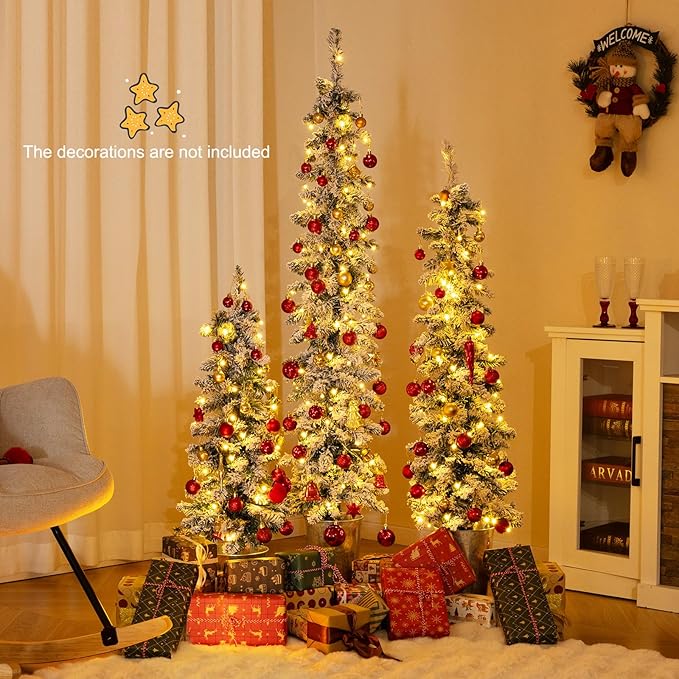 GOFLAME Set of 3 Pre-Lit Potted Christmas Trees, Snow Flocked Pencil Christmas Tree Set 3Ft, 4Ft and 5Ft with Warm White LED Lights, 8 Lighting Modes, Timer, Holiday Decoration Tree for Home Party