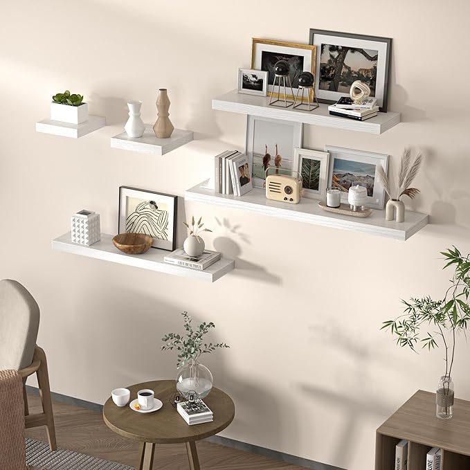 Floating Shelves for Wall, 31.5" W x 6.7" D x 1.5" H, Wooden Wall Mounted Display Shelves with Invisible Brackets for Living Room, Bedroom, Bathroom, Kitchen Decor and Storage, Set of 2, White