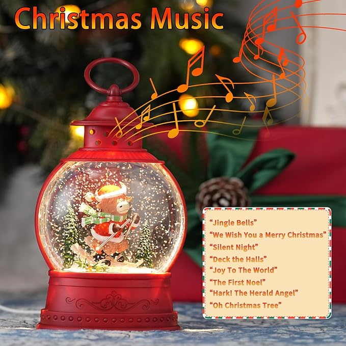 Christmas Snow Globes Skiing Yak Christmas Tree Holiday Music Lantern with Glittering & 6-Hour Timer, USB/Battery Powered Red Holiday Decoration for Desk Display