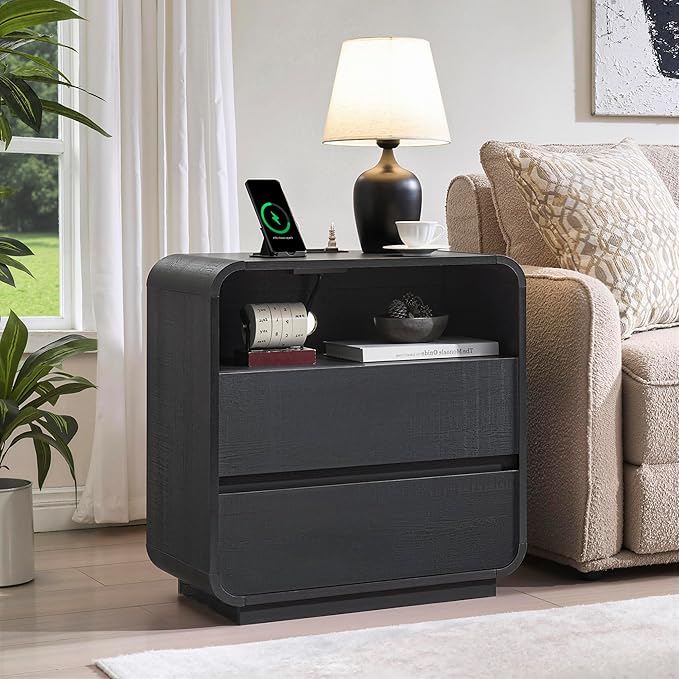 Black Nightstand Set of 2 with Charging Station, 25" Tall Wood Bedside Table, Modern End Table with 2 Storage Drawers, Curved Profile, Handleless, Mid Century Night Stand for Bedroom