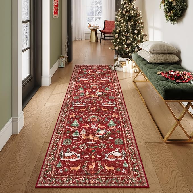 Lahome Christmas Runner - 2x8 Red Rug for Hallways, Kitchen, Bathroom - Non Slip, Washable - Soft Christmas Tree Santa Claus Carpet for Entryway, Bedside - Holiday Decor (2'x8', Red)