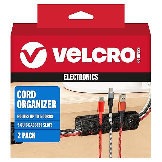 VELCRO Brand Cord Organizer for Desk & Nightstand, 5 Cable Slots with Sleeve Routing, Adhesive Wire Holder for Cord Management, Home, Workshop, Gaming & Office Essentials, Black 2 Pack