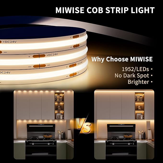 MIWISE COB LED Strip Light 20ft/6.1m,CRI 90+ Warm White 3000K High Lumen Dimmable Super Bright Flexible DC24V LED Tape Light with Controller/Dimmer,for Cabinet Home Office DIY Lighting Projects