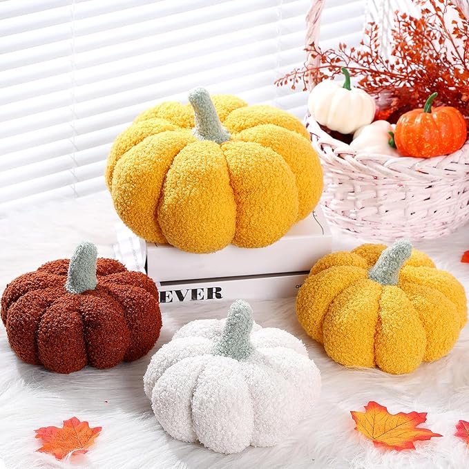 Kajaia 4 Pcs Fall Decor Pumpkin Throw Pillow Fall Pillow 11 Inches 7 Inches 3D Cushion Thanksgiving Sherpa Plush Fluffy Stuffed for Autumn Halloween Christmas Home Sofa(White, Yellow, Brown, Pink)