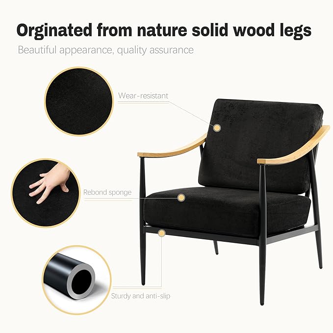 Modern Accent Chair for Living Room Bedroom Mid Century Arm Chair Upholstered Office Accent Chair Comfy Waiting Room Chair with Metal Frame, Black