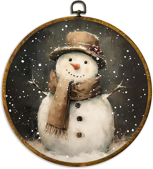 XPH Vintage Moody Christmas Snowman Round Wall Art Framed, Rustic Farmhouse Winter Circle Wall Decor, Cozy Winter Snowman Hanging Canvas Prints for Home Bedroom Living Room Decoration, 10x10 Inch