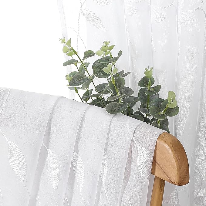 Tollpiz White Leaf Sheer Curtain Leaves Embroidered Bedroom Curtains Rod Pocket Voile Window Treatment for Living Room, 54 x 95 inches Long, Set of 2 Panels