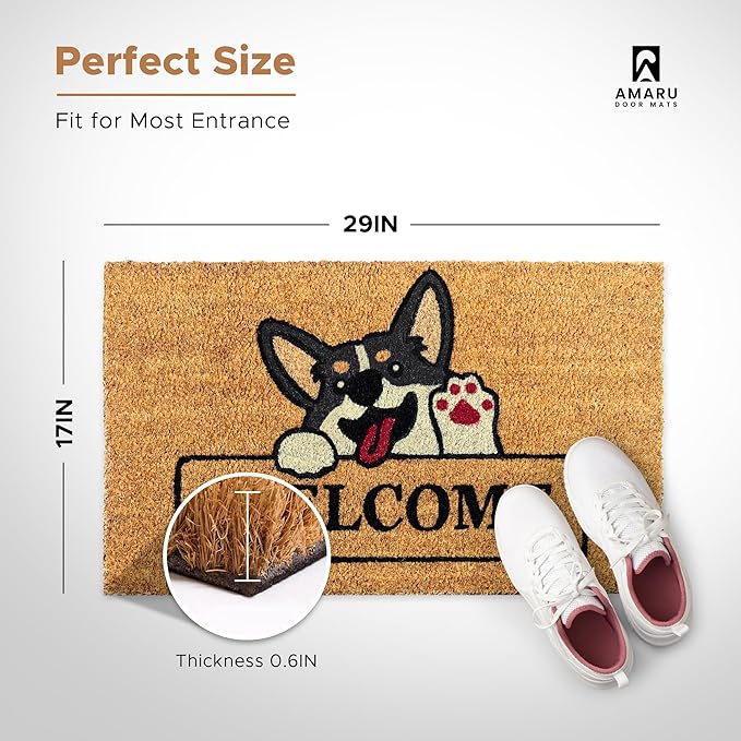 Welcome Dog - 17"x29" - Coir Door Mat with Heavy Duty Backing - Welcome Mats for Entryway, Porch - Anti-Slip PVC & Coconut Fiber Surface - Natural Home Accessories, Minimalist Original Design