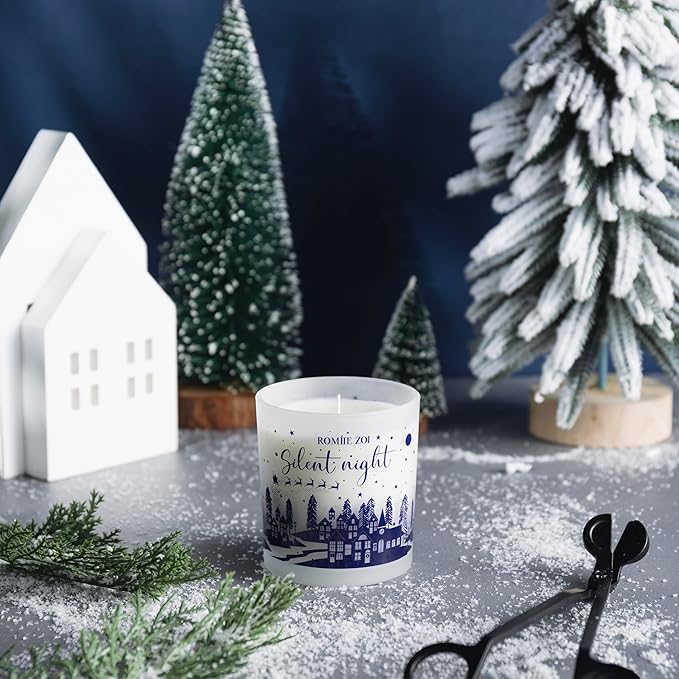 ROMIIE ZOI Christmas Scented Candle - 6oz Soy Wax Candle, Silent Night, Infused with Fresh-Cut Spruce Branches Aroma - Navy Blue Gift Box Packaged for Christmas Holiday Season Gift