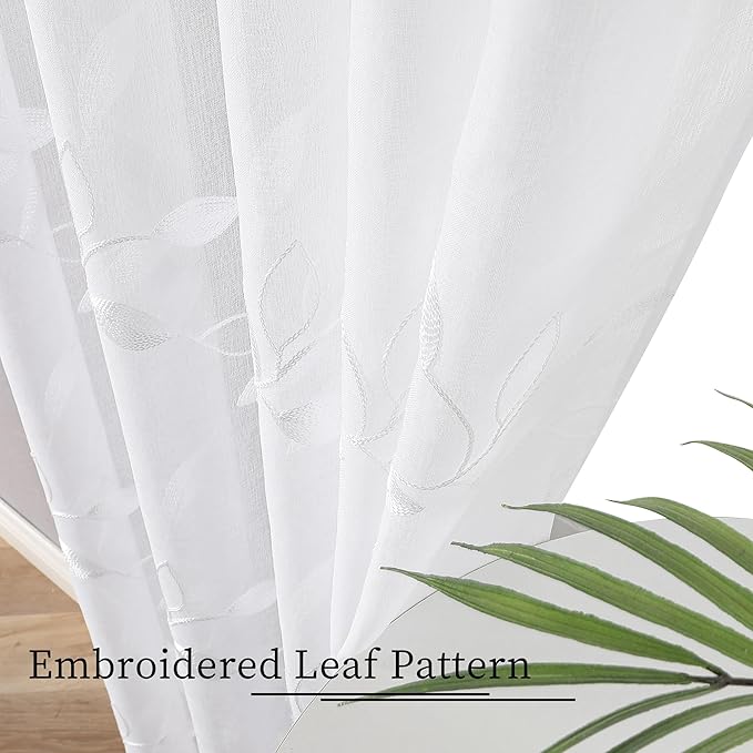 Tollpiz White Leaf Sheer Curtain Leaves Embroidered Bedroom Curtains Rod Pocket Voile Window Treatment for Living Room, 54 x 95 inches Long, Set of 2 Panels