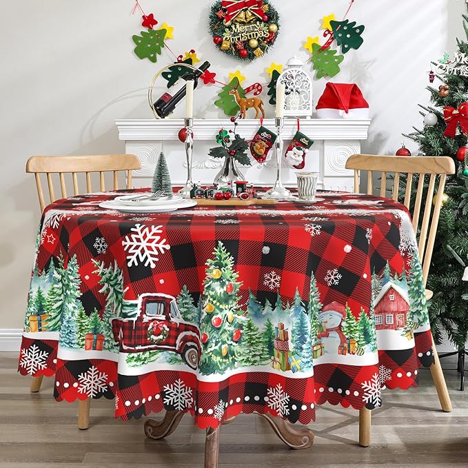 Round Christmas Tablecloth 60 inches - Christmas Decorations for Home - Water Resistant Red Plaid Table Cloth - Red Truck Xmas Holiday Buffalo Plaid Decor for Table, Party,Kitchen