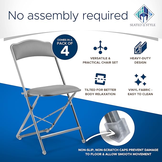 Folding Chairs with Padded Seats 4 Pack - Foldable Chair with Heavy-Duty Steel Frame, Elegant Party Bridge Chairs for Outside, Home, Office, Indoor & Outdoor Events - Silver/Grey