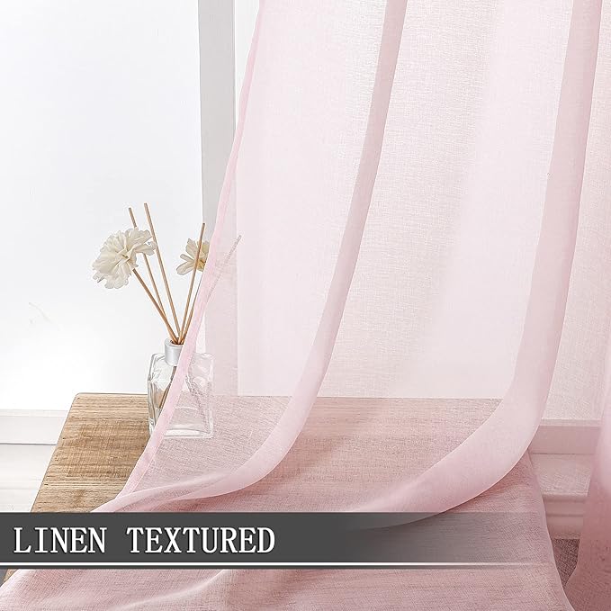 Tollpiz Short Sheer Curtains Linen Textured Bedroom Curtain Sheers Light Filtering Rod Pocket Voile Curtains for Living Room, 54 x 45 inches Long, Pink, Set of 2 Panels