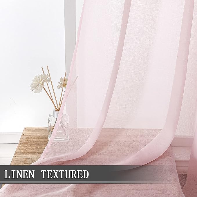 Tollpiz Sheer Tier Curtain Linen Textured Half Kitchen Curtains Sheer Light Filtering Rod Pocket Voile Small Curtains for Bathroom, 25 x 36 inches Long, Pink, Set of 2 Panels