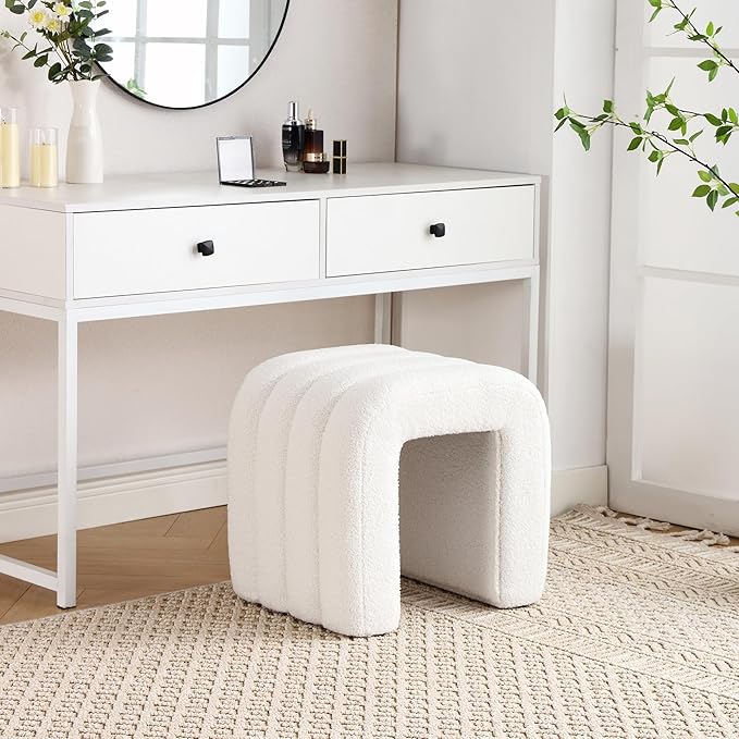 Multi-Functional Ottoman Stool Set of 2, Footrest for Couch, Modern Vanity Stool for Make-up Room, Living Room and Entryway, Small Cute Footstool (White Teddy Fleece)
