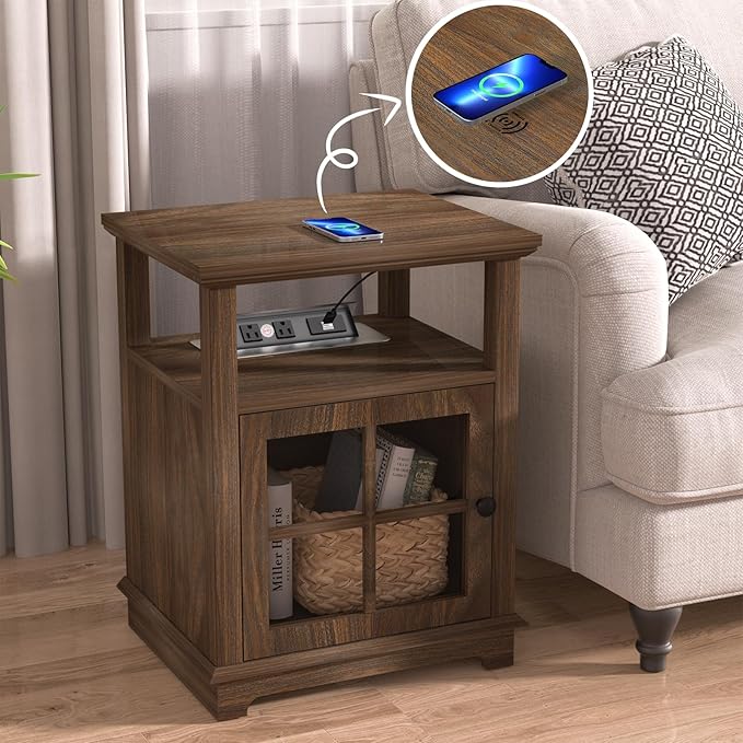 HIFYOBRO 18'' End Table with Charging Station, Adjustable Shelf & Storage, Modern Farmhouse Nightstand for Bedroom, Living Room, Office