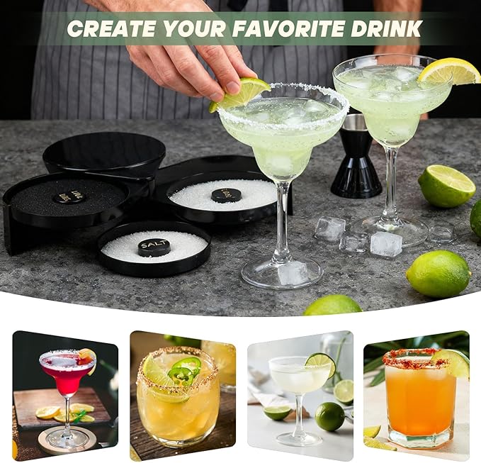 2 Pack Glass Rimming Station with 4-Swing Out Trays,Bar Glass Rimmer for Margarita and Cocktail, Bartender Tool,Salt Box Spice Container