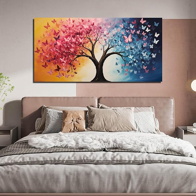 GUGIKA Tree Wall Art for Living Room, Pink Gold and Blue Butterflies Canvas Wall-Decor for Bedroom, Natural Picture Print for Hallway, Large Size 59x29 Inches