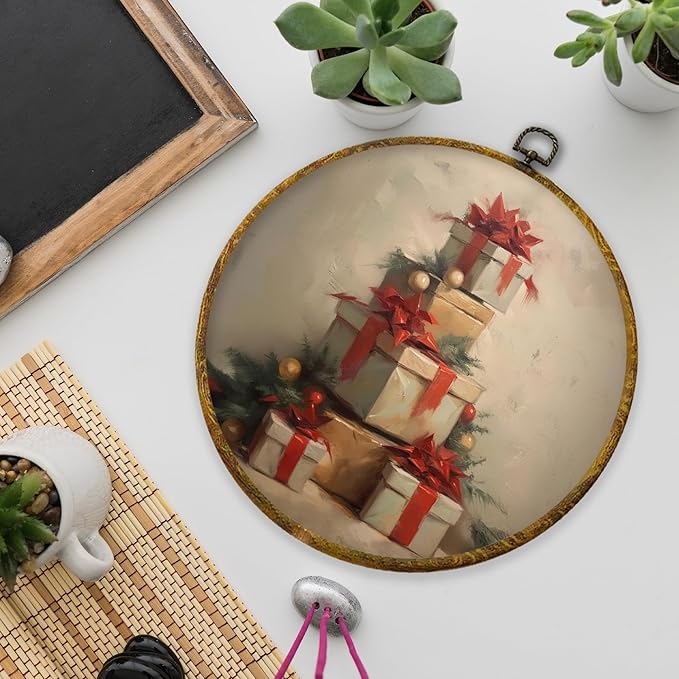 XPH Vintage Christmas Round Wall Art Framed, Winter Christmas Circle Wall Decor, Retro Cottagecore Holiday Gift Boxes Hanging Canvas Prints for Home Bedroom Living Room Decoration, 10x10 Inch