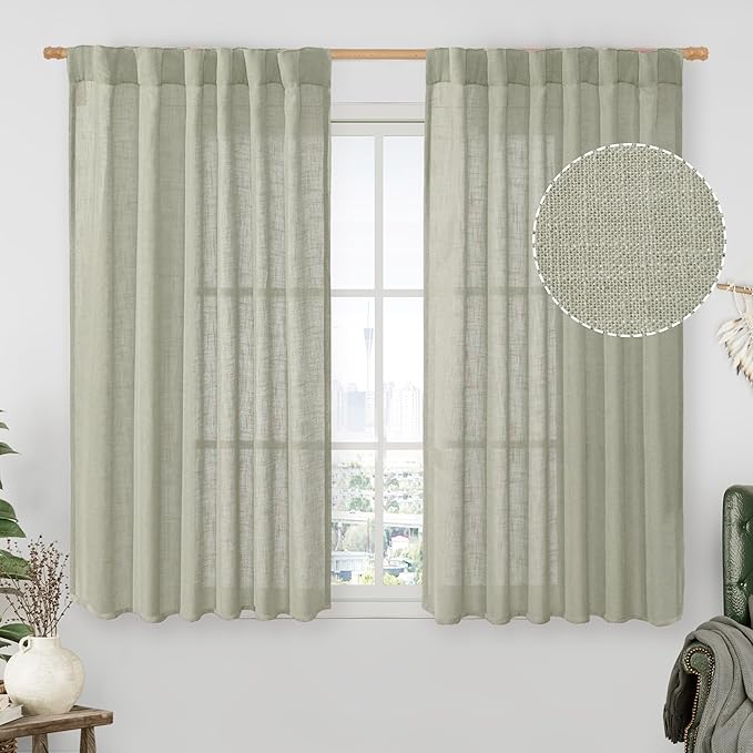 LAMIT Sage Grey Linen Curtains 54 Inch Length 2 Panels, Light Filtering Panels Back Tab and Rod Pocket Neutral Drapes for Kitchen/Window/Bedroom, 52 x 54 Inch