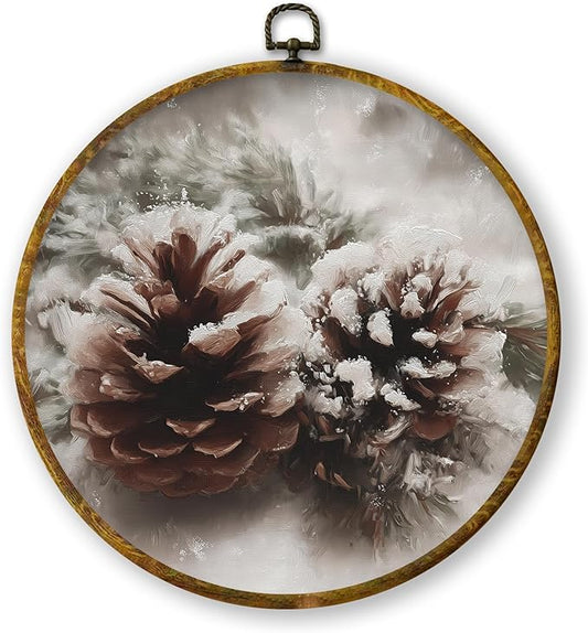 QZQE Vintage Winter Snowy Pinecone Round Wall Art Decor Framed, Rustic Christmas Cottagecore Farmhouse Circle Canvas Prints, Cozy Xmas Holiday Wall Hanging Decor for Home Bedroom Living Room, 10x10 Inch