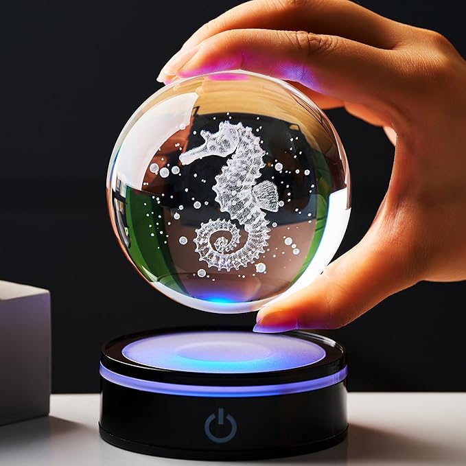 3D Seahorse Crystal Ball Figurine with LED Base, Seahorse Gifts for Women Men on Christmas Birthday, Glass Sea Horse Decor Globe Night Light for Home Office