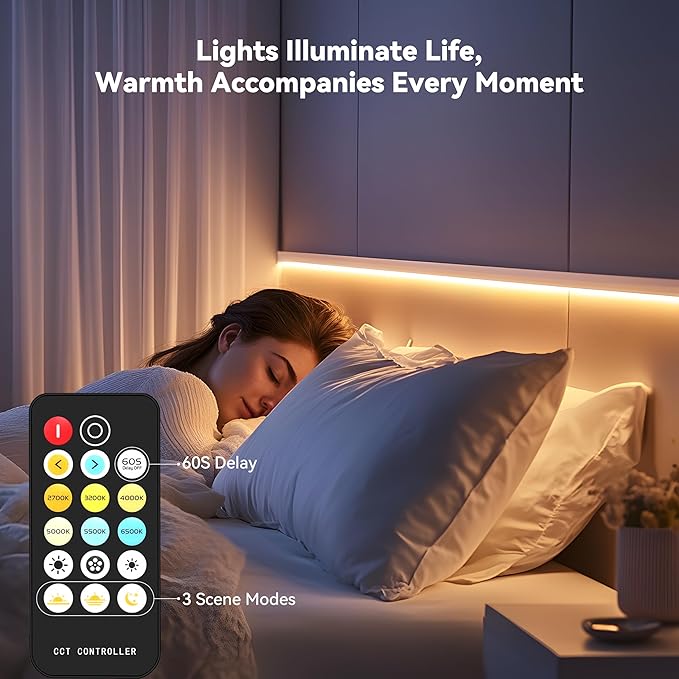 PAUTIX COB LED Strip Light 2700K-6500K CCT Tunable White UL-Listed CRI90+ 16.4ft Super Bright Dimmable 24V LED Tape Lights with RF Remote,for Under Cabinets Bedroom Kitchen TV Mirror DIY Lighting