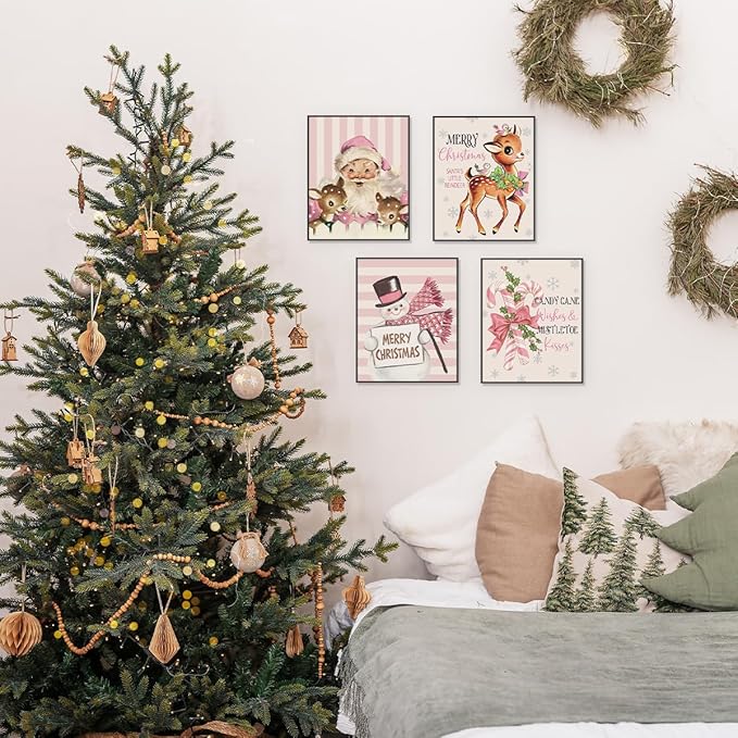 PLKMN Pink Christmas Wall Art Prints Set of 4, Vintage Santa Claus Snowman Wall Art Decor, Merry Christmas Decor for Gallery, Living Room, Bathroom, 8x10 (Unframed)
