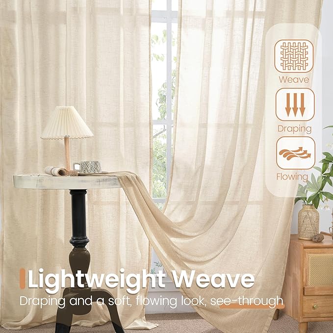 BGment Natural Linen Curtains 96 Inches Long for Living Room - Burlap Semi Sheer Window Drapes with Rod Pocket Light Filtering for Farmhouse Bedroom Lightweight, 2 Panels, 52 Inch Wide Each Panel