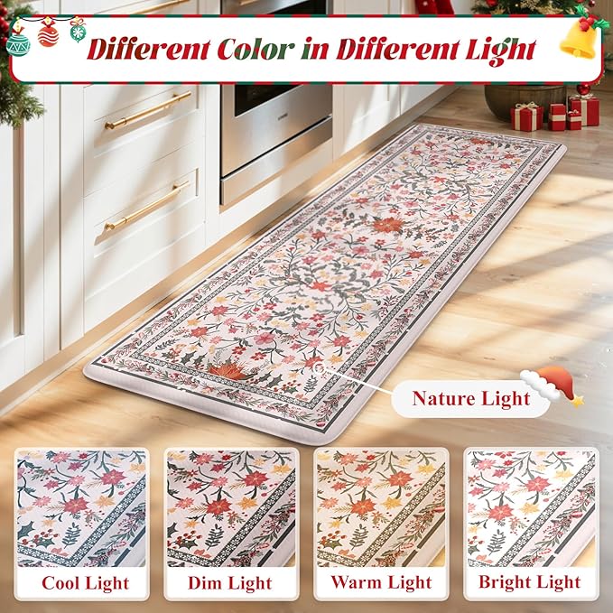 Collive Christmas Kitchen Mats for Floor, Cushioned Anti Fatigue Mat Non Slip Waterproof Kitchen Sink Rugs Sets of 2, Xmas Pink Floral Comfort Standing Desk Rug for Home, Laundry, 17"x29"+17"x47"