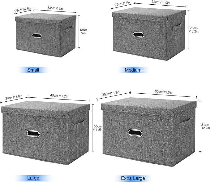 Large Linen Fabric Foldable Storage Bins with Removable Lid and Handles, Washable Storage Box Organizer Containers Baskets Cube with Cover for Bedroom,Closet,Office (Coffee, Medium(2-Pack))