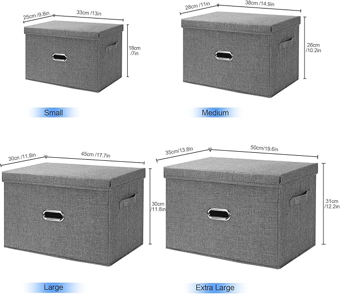 Large Linen Fabric Foldable Storage Bins with Removable Lid and Handles, Washable Storage Box Organizer Containers Baskets Cube with Cover for Bedroom,Office(Cream, Small)