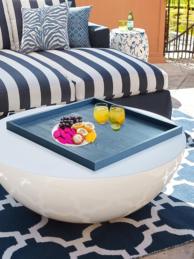 Square Ottoman Table Tray 24" - Rustic Wooden Serving Tray for Farmhouse Decorative Oversized Coffee Table Trays Living Room Kitchen Counter Breakfast Blue