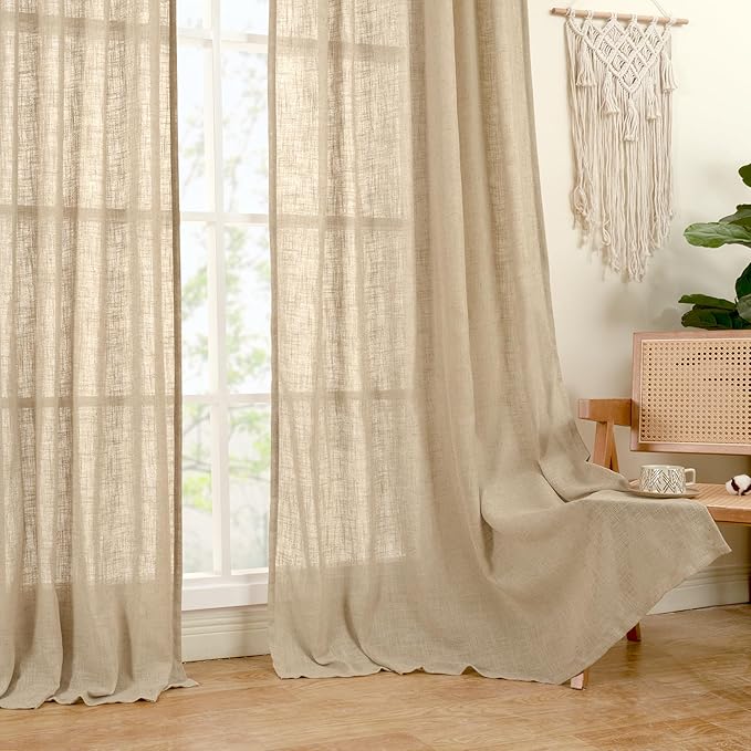LAMIT Linen Blended Curtains for Bedroom, Faux Linen Textured Light Filtering Drapes Back Tab and Rod Pocket Boho Burlap Panels for Farmhouse/Living Room, 2 Panels, 38 x 84 Inch, Brown