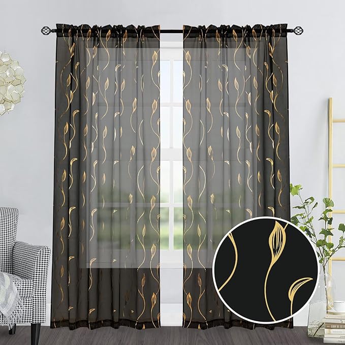 Gold Foil Print Sheer Curtains 96 inches Long, 2 Panels Wicker Bronzing Treatment Sheer Curtain, Rod Pocket Window Treatment Panels for Bedroom Living Room