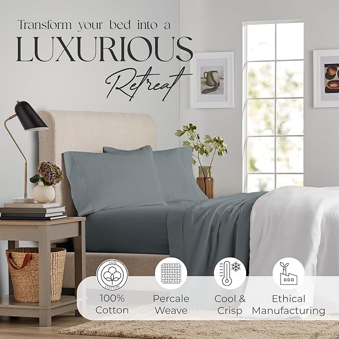 Supreme Elegance Full Size Bed Sheets Set - Natural 100% Cotton Percale Deep Pocket Full Size Sheet Set, OekoTex Made in Green Sustainable Cotton Bedding with Snug Fit, Crisp Comfy Feel, Charcoal Gray