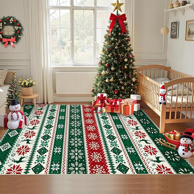 Christmas Area Rug 3x5 for Bedroom Living Room Non Slip Xmas Boho Dining Room Throw Carpet Festival Christmas Tree Pattern Small Area Rugs Holiday Decor Indoor Rugs for Kitchen Nursery Entry, Green