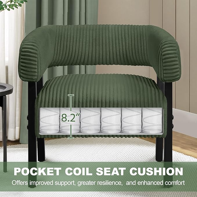 Yaheetech Corduroy Barrel Accent Chair, Modern Upholstered Armchair with Solid Wood Legs, Cozy Leisure Chair with Pocket Coiled Seat for Living Room, Bedroom, Reading Nook Dark Green