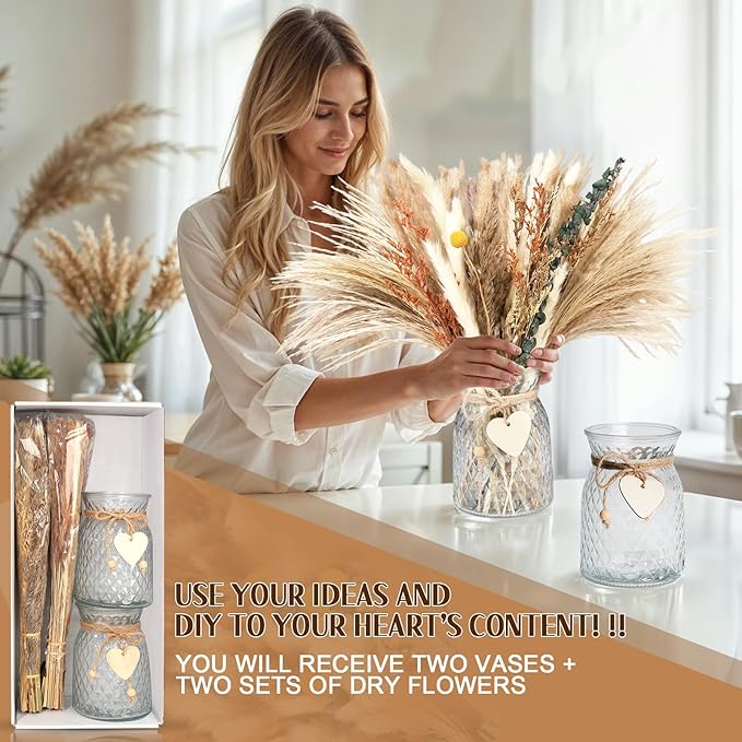 135 Pcs Dried Pampas Grass Decor Dining Table Centerpiece with 2 Pcs 6.3in Vase DIY Boho Decor Natural Dried Pampas Grass for Home Decor Birthday Party Thanksgiving Christmas Weddings Decor