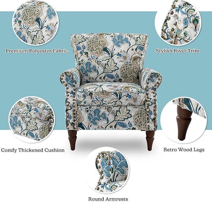 HULALA HOME Modern Wingback Accent Chairs Set of 2 with Wood Legs & Removable Cushion, Comfy Upholstered Armchairs with Nailhead Trim, Floral Pattern Single Sofa Chairs for Living Room Bedroom, Green