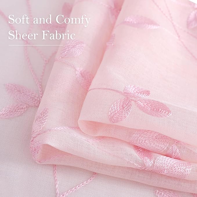HOMEIDEAS Pink Sheer Curtains 52 X 63 Inches Length 2 Panels Embroidered Vine Floral Pattern Pocket Faux Linen Semi Sheer Voile Window Drapes for Bedroom Living Room