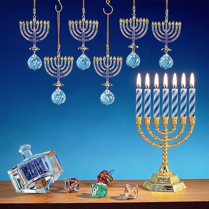 6 PCS Hanukkah Menorah Hanging Ornaments, Crystal Suncatchers for Christmas Tree, Halloween & Hanukkah Decorations, Window Suncatchers & Gift