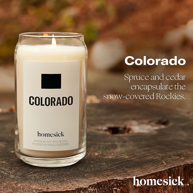 Homesick Scented Candles for Home (Colorado) - 13.75 oz Long-Lasting Soy Wax Jar Candle for Women & Men for All Occasions, 60-80 Hours Burn Time - Notes of Spruce Needles & Cinnamon