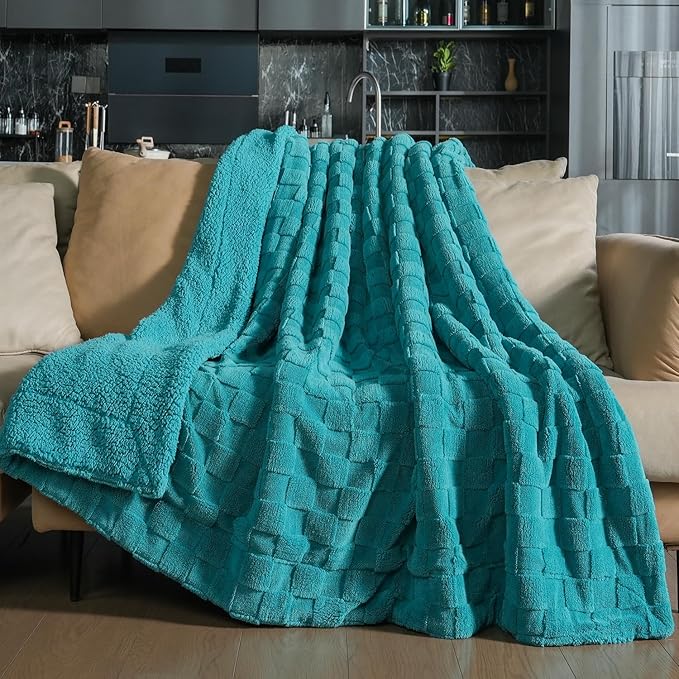 Pawque Super Soft Cozy Throw Blanket Queen Size for Couch Bed, Fluffy Sherpa Fleece Reversible Thick Warm Fuzzy Blanket for All-Season, 3D Checkered Jacquard Decorative Blankets, Teal Green, 90"x90"