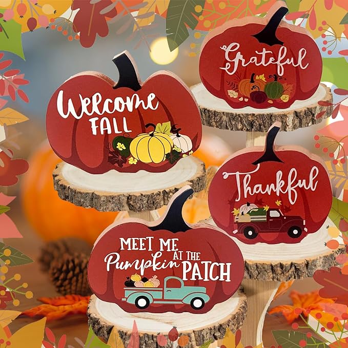Cute Pumpkin Autumn Decorations Indoor, 4 Pcs Wooden Tiered Tray Decor Table Sign Thanksgiving Fall Decor Pumpkin Signs for Party Home Shelf Display