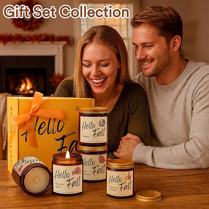 Lihome Fall Candles,Fall Gift for Home Decor, Natural Soy Wax Scented Candles Set- Spicy Pumpkin/Apple Cider/Autumn Harvest/Autumn Leaves(4pcs)