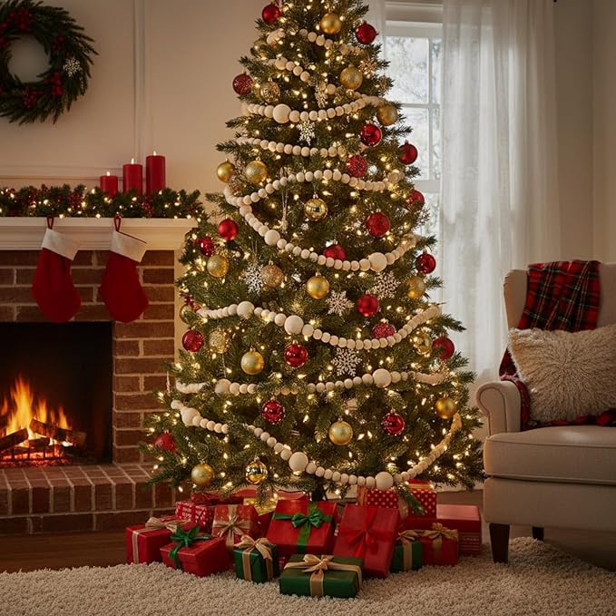 12 Feet Christmas Wooden Beads Garland Round Craft Farmhouse Vintage Wood Bead Garlands for Xmas Decoration Supplies(Natural Color)